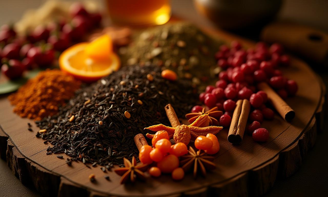 Különféle tealevelek, fűszerek és szárított gyümölcsök elegánsan elrendezve egy fabakán, teakeveréshez előkészítve.