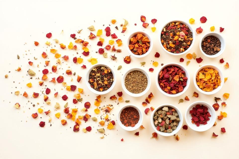 Számos színes szárított virág, fűszer és gyümölcs apró tálkákban, teakeveréshez előkészített alapanyagok.