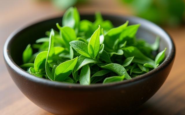 Zöld tea levelei egy teáscsészében