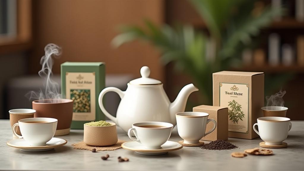 Választékos teaválogatás egy modern kávézó pultján, elegáns csészékkel és teáskannákkal.