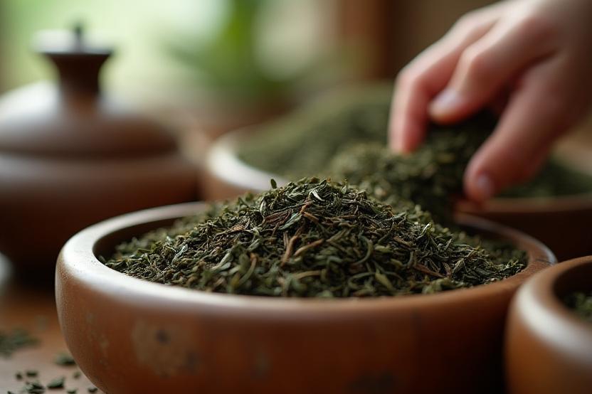 Tea levelek kézműves tárolóban, hangsúlyozva a minőségi beszerzést és a frissességet, kézműves háttérrel.