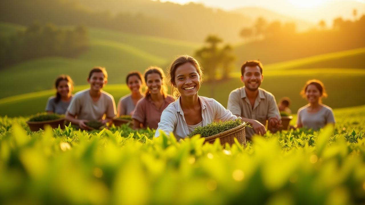 Teaültetvényen dolgozó mosolygó munkások, aratás közben, napfényben