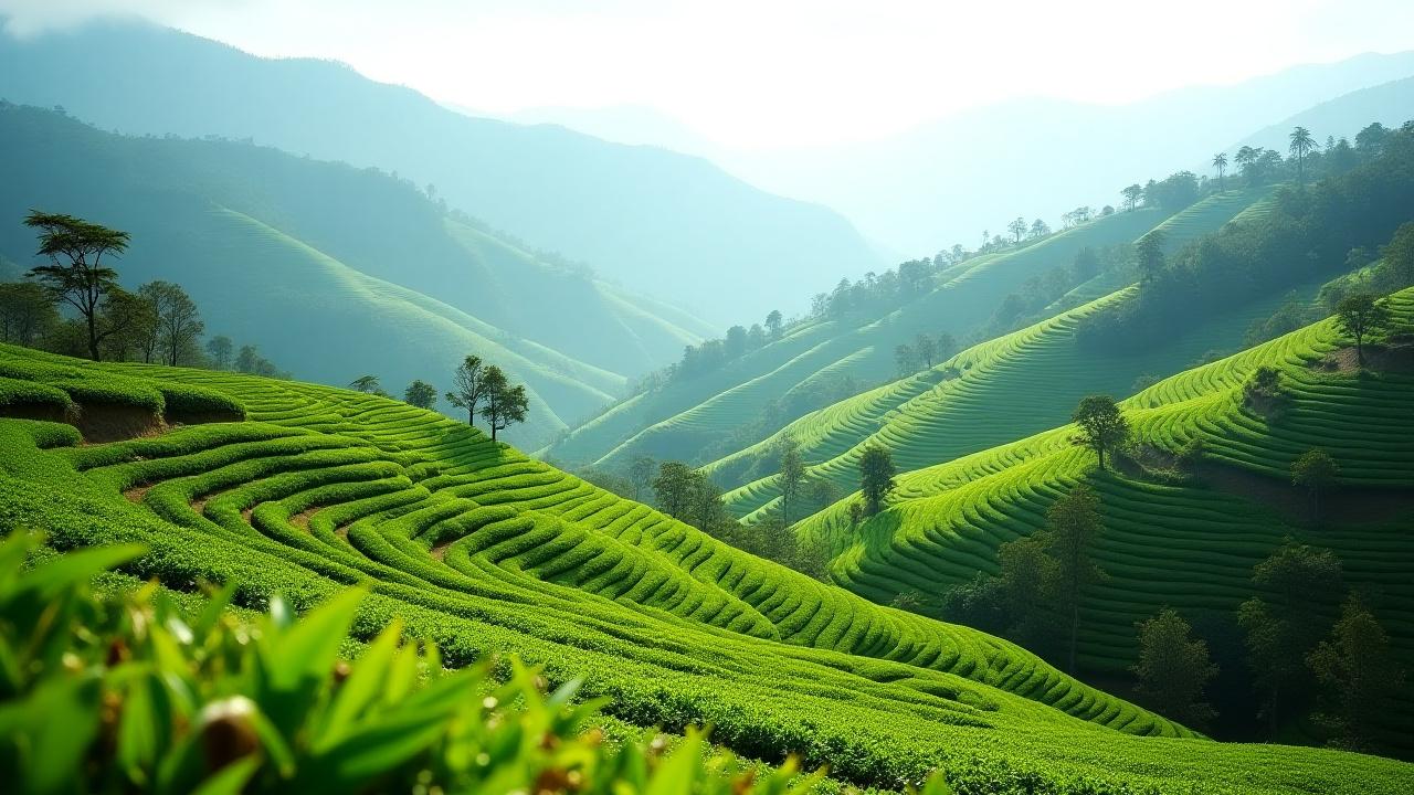 Zöldellő, teraszos teaültetvény tiszta hegyi levegőn, napfelkeltekor