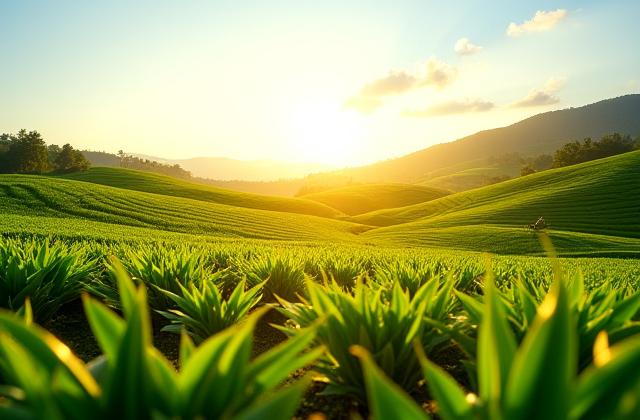 Napfényes teakert, ahogy a gyűjtők tealeveleket szednek, a fenntartható gazdálkodás jelképe.