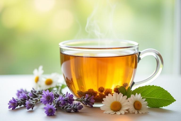 Nyugtató gyógynövényes tea, gőzölő pohárban, levendula, kamilla és menta levelekkel körülvéve.