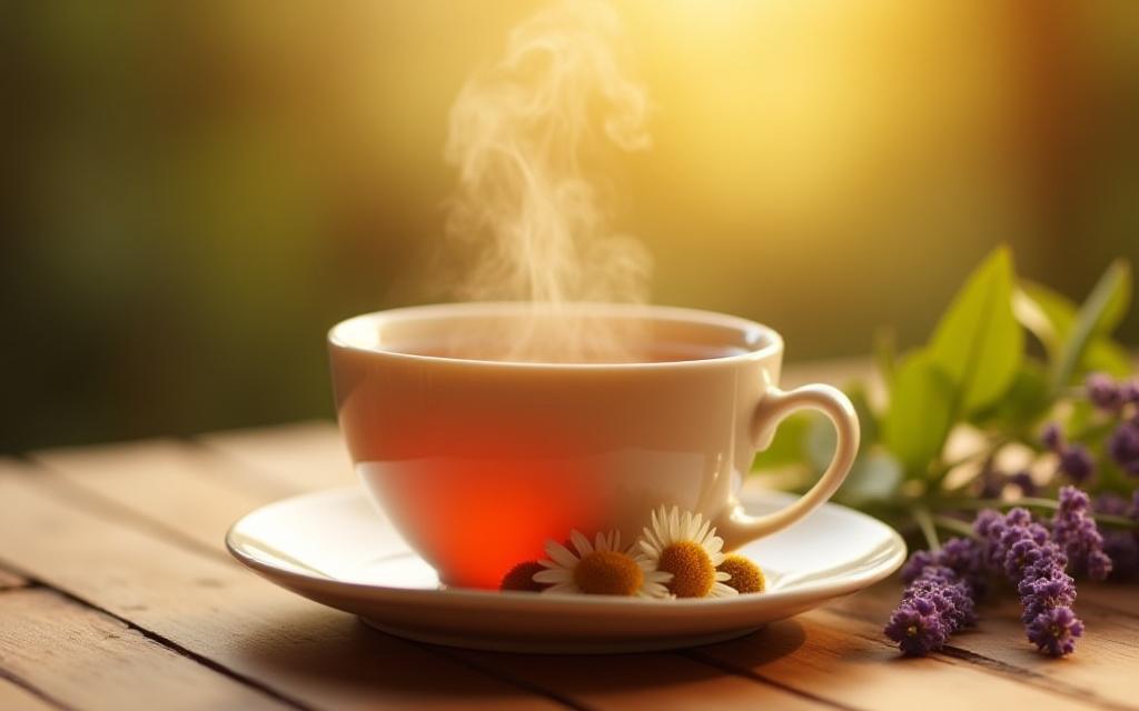 Egy csésze gyógytea, háttérben gyógynövényekkel és kellemes, meleg fénnyel.
