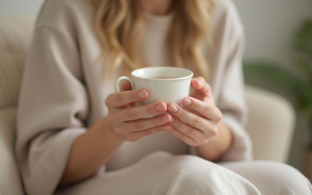 Egy személy, aki lassan kortyolgatja a teát egy elegáns csészéből, nyugodt, békés környezetben, öngondoskodást sugallva.