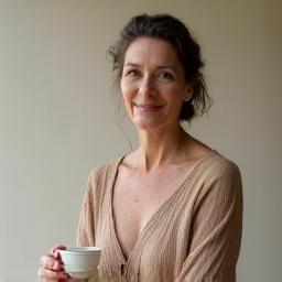 Kovács Eszter, a Fűszeres Bölcsesség alapítója, professzionális portréja teáscsészével a kezében.