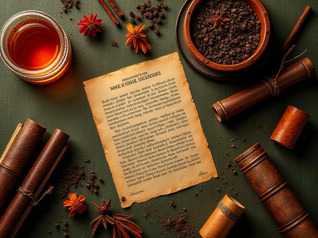 Fűszeres Bölcsesség alapítási történetének vizuális reprezentációja, tealevelek, fűszerek és régi könyvek keveréke.