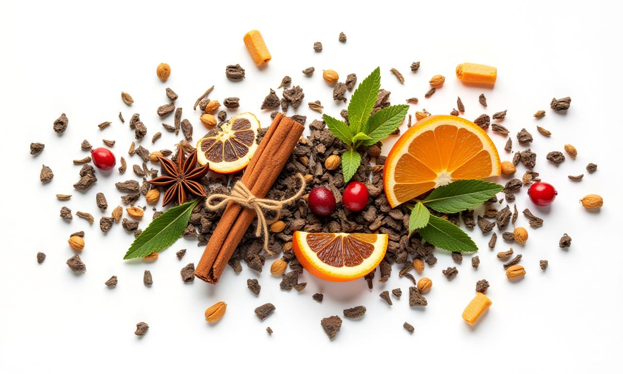 Gyönyörűen elrendezett tealevelek, fűszerek és gyümölcsök, melyek kézműves teakeverékek alapanyagait képezik.