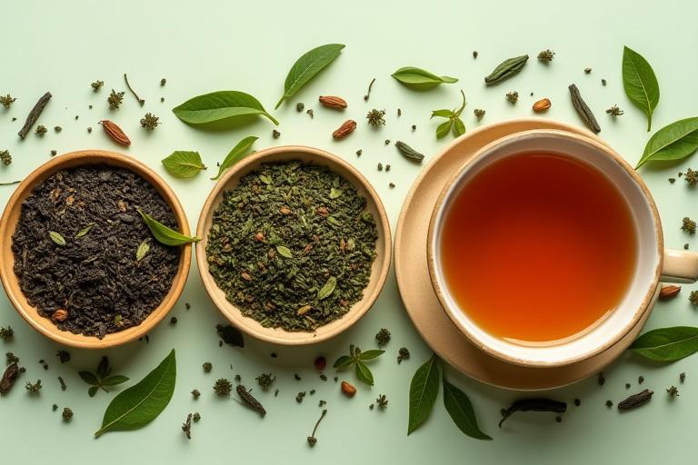 Zöld és fekete tealevelek egy tálban, mellette csésze tea, fókuszban az antioxidánsok fontosságára.